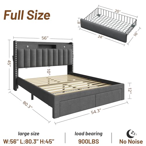CypBed Full Size Bed Frame with Headboard & 2 Storage Drawers & Dark Grey | Upholstered Platform Bed Frame with 3 USB & Type-C Charging Ports, Solid Wood Slats, No Box Spring Needed, No-Noise - color: Grey, size: Full
