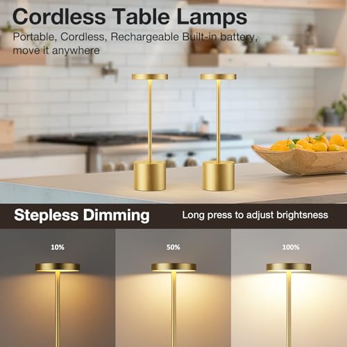 Cordless Rechargeable Table Lamp, 4000mAh Battery Operated, Light Gold, 2 | Wireless LED Light, 3 Color Modes, Stepless Dimming, for Dining Room, Bedroom, Bar, Cafe, Restaurant, Outdoor Patio, Camping - color: Light Gold