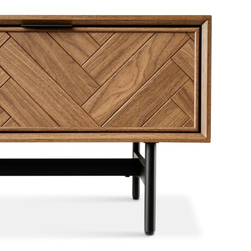 mopio Axis 47" Herringbone Walnut Coffee Table with Reinforced Slim Black Metal Legs and Handles, Industrial Design - color: Herringbone Walnut