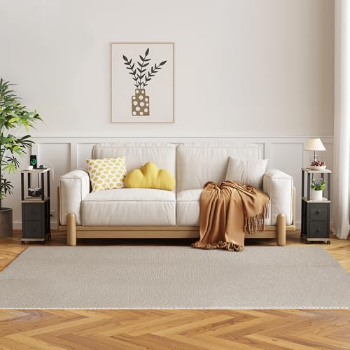 TUTOTAK Small Narrow End Tables, Side Tables with 2 Fabric Drawers, Set of 2, Bedside Tables with Charging Station for Small Spaces, Slim Nightstands with USB Ports and Wheels, TB01BG053 - color: Greige, style: with Outlets