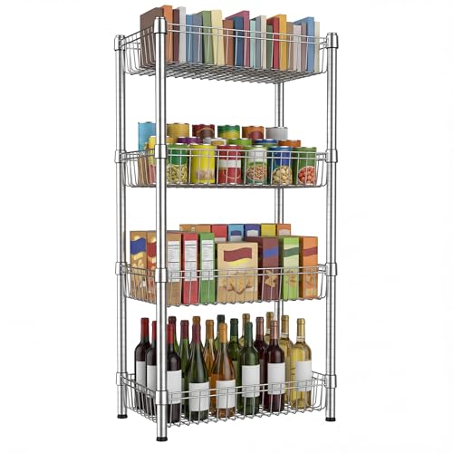 4 Tier Basket Shelf Wire Shelving Unit Adjustable Metal Storage Rack Storage Shelving Standing Shelf Units Heavy Duty Organizer for Pantry Kitchen Bathroom Closet Laundry Utility Room 14"Dx24"Wx47"H