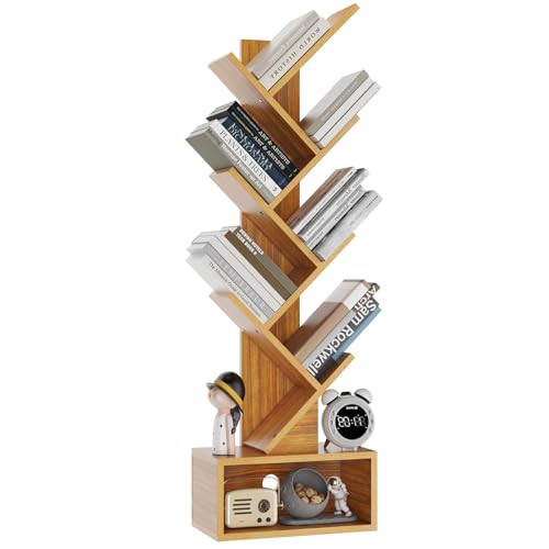 YMYNY 6 Tier Tree Bookshelf, Tall Bookcase, Wood Book Storage Rack with Drawer, Modern Floor Standing Book Shelf for Books/Movies/CDs, Utility Organizer for Living Room, Home Office, Natural UHBC016N - color: Natural, size: 44.09" | 6-Tier with Drawer