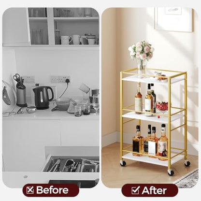 MAHANCRIS Bar Cart for The Home, 3-Tier Drink Cart on Wheels, Home Bar Serving Cart, Mini Bar Cart for Small Space, Rolling Kitchen Carts for Bar, Kitchen, Dining Room, Gold RCJW4001 - style: Modern