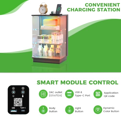 HNEBC LED Nightstand with USB-C Charging Station&Lights for Bedroom-Black | Curio china Cabinet, Motion Sensor Smart Glass RGB Side Table with App Control, Charging Station Tempered Glass Collectiblem - color: 91174-black