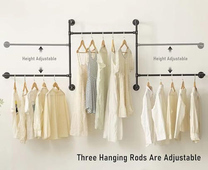Industrial Pipe Clothing Rack, Wall Garment Rack, Hanging Clothes Rod | Pipe Clothes Rails, Multi-Purpose, Heavy Duty, Space-Saving, Clothes Bar, Organizer, Closet - style: wall clothing rack-3 hanging rods
