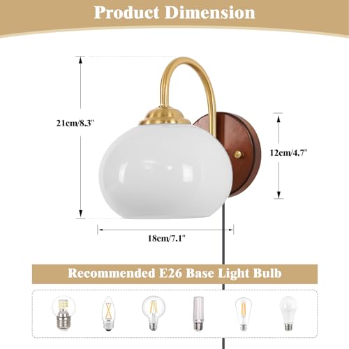KCO Lighting Gold Bedroom Sconces Set of 2 Plug in Vintage Milk Glass Wall Sconce Plug in White Globe Wall Sconce Brass Wall Sconces Set of Two - color: White-2PC