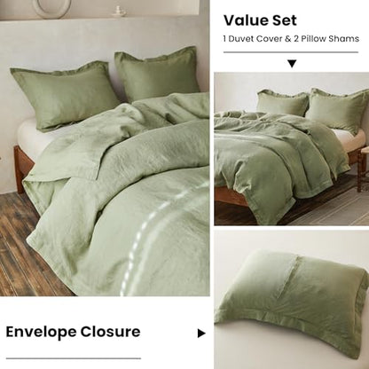 Simple&Opulence 100% Linen Duvet Cover Set with Crossed Embroidery Washed - 3 Pieces (1 Duvet Cover with 2 Pillow Shams) Soft Breathable Farmhouse - Sage Green, Queen Size - color: Crossed-sage Green, size: Queen