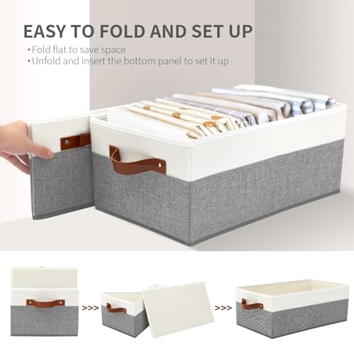 6 Pack Closet Storage Bins, Storage Baskets for Shelves | Linen Closet Organizers and Storage with Leather Handles for Clothes,Towels, Sheets, Jeans, Toys, Books (Grey and White) - style: 6 Pack Grey & White