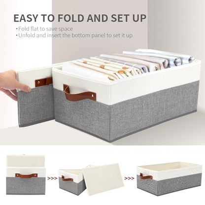 6 Pack Closet Storage Bins, Storage Baskets for Shelves | Linen Closet Organizers and Storage with Leather Handles for Clothes,Towels, Sheets, Jeans, Toys, Books (Grey and White) - style: 6 Pack Grey & White