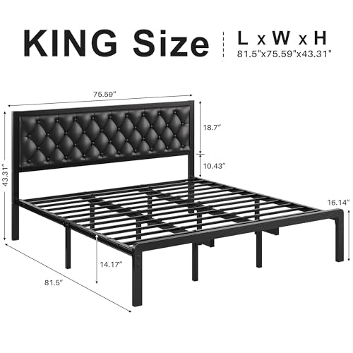 Fluest King Bed Frame with Headboard PU Leather Upholstered Bed Frame Platform,All Metal Slats Support Platform Bed Frame with Storage Space,Easy Assembly,Noise Free,No Box Spring Needed,Black - color: Black, size: King