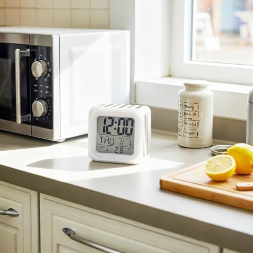 Digital Alarm Clocks for Bedroom,Classical Beige Grey Striped Cube Alarm Clock with Snooze and Nightlight Modern Minimalist Lines Silent Office Desk Clock Time/Date/Temperature Display - color: Beige