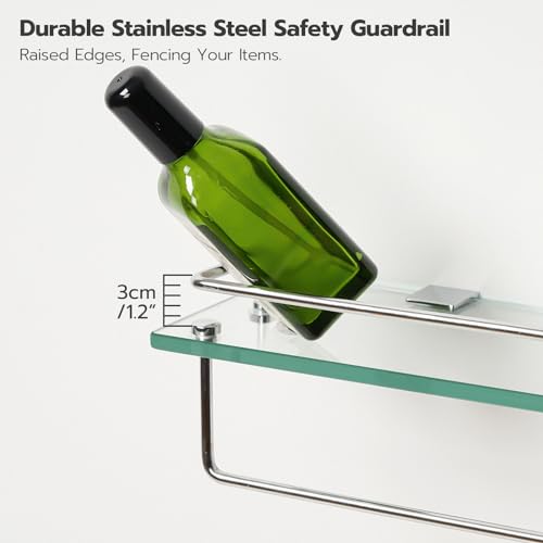 HOOBRO Glass Shelves for Bathroom, 15.7 Inch Floating Glass Shelf for Wall, Set of 2 Tempered Stainless Steel Wall Mounted Stand for Toilet, Room Decor, Silver SV02BJ01