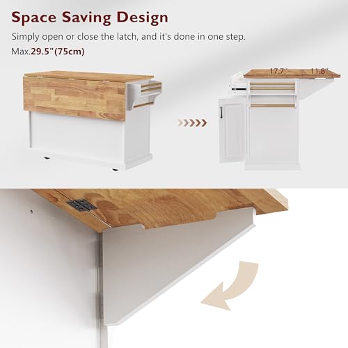 54inch Large Kitchen Island With Rubber Wood Drop Leaf,Embossed Texture Rolling Kitchen Cart On 4 Wheels With 4 Doors And 3 Drawers,Kitchen Island With Storage For Kitchen,Dining Room (White-0t) - color: White-0t)