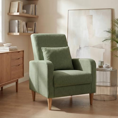 COLAMY Mid-Century Modern Accent Chair, Fabric Upholstered Living Room Chair with Back Pillow & Solid Wood Legs, Comfy Armchair for Living Room, Bedroom, Single Sofa, Green - color: Green, size: Set of 1