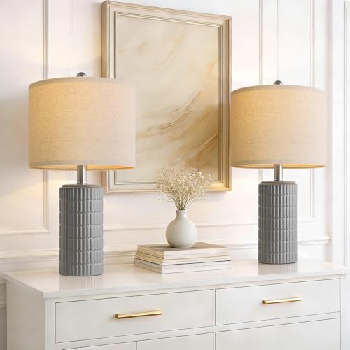 PoKat 20.75'' Ceramic Small Table Lamps for Bedroom, Modern Dark Gray Bedside Lamps Set of 2, Farmhouse Lamps for Living Room with Linen Lampshade for Night Stands Guest Room Side End Table Console - color: Dark Grey