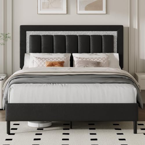 HOMBCK Full Bed Frame with Diamond Headboard, Black Upholstered Full Size Bed Frame with Wooden Slats Support, Diamond Vertical Stripe Design, Mattress Foundation, No Box Spring Needed, Black - color: Black, size: Full