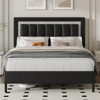 HOMBCK Full Bed Frame with Diamond Headboard, Black Upholstered Full Size Bed Frame with Wooden Slats Support, Diamond Vertical Stripe Design, Mattress Foundation, No Box Spring Needed, Black - color: Black, size: Full