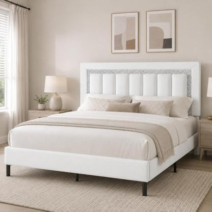 HOMBCK Queen Bed Frame with Headboard, Bed Frame Queen Size with Wooden Slats Support, Diamond Vertical Stripe Design, Mattress Foundation, No Box Spring Needed, White - color: White, size: Queen