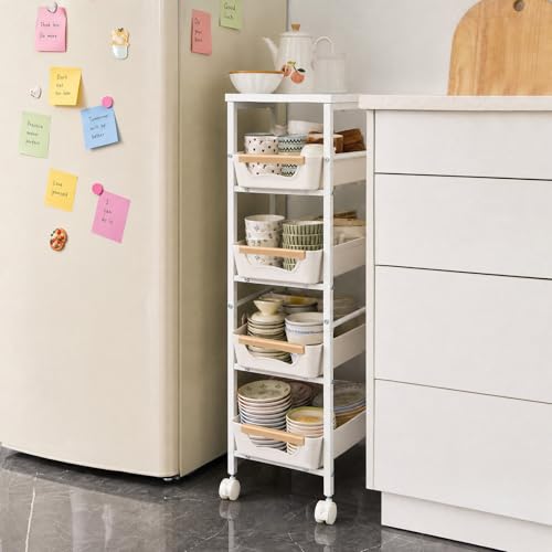 Garvee 5-Tier Slim Rolling Storage Cart, 8.1" Wooden Top Narrow Kitchen Carts on Wheels with Pull-Out Baskets, Mobile Shelving Unit Organizer for Kitchen, Bathroom, Laundry Room, Small Spaces