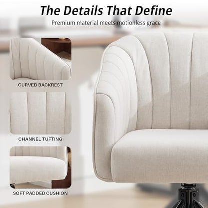Swivel Desk Chair No Wheels Modern Upholstered Vanity Chairs Stationary | Comfy Dining Chairs with Mid Back Computer Task Chair Swivel Accent Arm-Chair for Home Office/Vanity/Bedroom, Beige - color: Beige