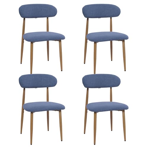 FREKEN Modern Upholstered Dining Chairs Set of 4, Mid-Century Metal Frame with Wood Grain, Linen Fabric Side Chair for Kitchen Dining Room, 350lbs Capacity, Blue - color: Blue - Wood Grain Legs, size: Set of 4