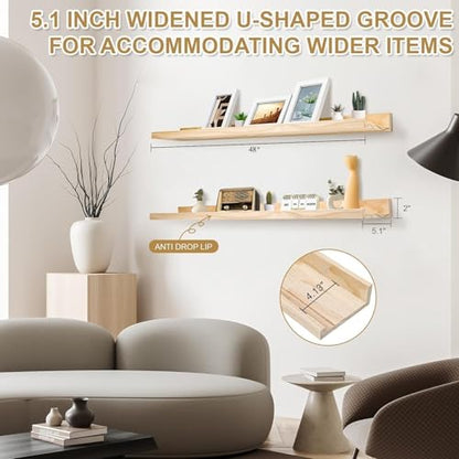 MBYD 48 Inch Natural Pine Wood Floating Shelves, 5.1 Inch Wide Picture Ledge Set of 2, Wall Mount Unfinished Can be Stained Nursery Book Shelves for Kids Bedroom Living Room Bathroom Kitchen - color: Natural, size: Set of 2 48in
