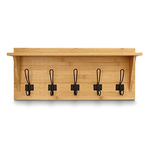 HBCY Creations Rustic Wall Mounted Coat Rack with Shelf - Solid Wood 24" Entryway Shelf with 5 Coat Hangers. Perfect Touch for Your Entryway, Mudroom, Kitchen, Bathroom and More, Bamboo - color: 4- Bamboo