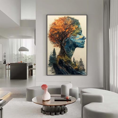Glethua Abstract Woman Face and Tree Canvas Wall Art, Magical Nature Wall Decor, Mother Earth Spirit Painting, Modern Forest Art Poster for Living Room Bedroom Office Dining Room (Black Framed, 39"x59"/100x150cm) - color: Black Framed, size: 39"L x 59"W