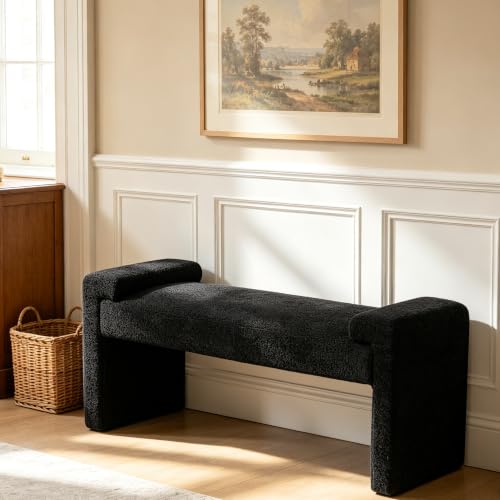 Upholstered Entryway Bench, 43" Modern Bedroom Bench, Black | Sherpa Fleece, Curved Armrests, Solid Wood Frame, End of Bed, Bedroom, Living Room, Hallway - color: Black-sherpa, size: 43"