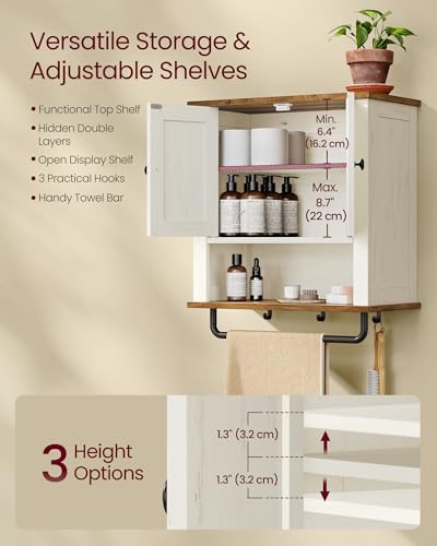 VASAGLE LIRY Collection - Bathroom Wall Cabinet, Farmhouse Wall-Mounted Medicine Storage Cabinet with 2 Barn Doors, Adjustable Shelf, Towel Bar, 7.9 x 18.1 x 24 Inches, Rustic White UBBK132W01S - color: Rustic White, style: 2Doors（24"H）