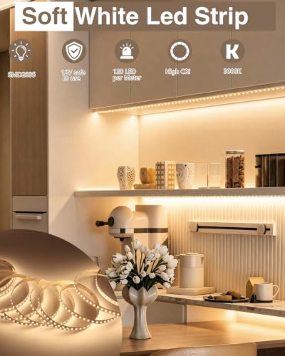 VST 12V LED Strip Lights 2835 Cuttable Connectable 120LEDs/m | Flexible & Dimmable LED Tape Light for Indoor Under Cabinet Bedroom 100Lm/M,9.6W/M, CRI 90+,Width 10mm, ETL-Listed,No Driver - color: 3000K-White, size: 32.8ft