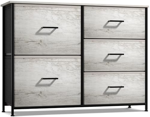 Sorbus Dresser with 5 Faux Wood Drawers - Storage Unit Organizer Chest for Clothes - Bedroom, Hallway, Living Room, Closet, & Dorm Furniture - Steel Frame, Wood Top, & Easy Pull Fabric Bins - color: Greige, size: 11.9"D x 33.5"W x 27.6"H (5 Drawers)