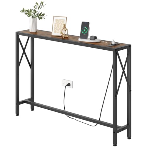 Gewudraw Narrow Console Table with Socket, Sofa Table Behind Couch, Brown | 41.8" Couch Table, Industrial Style, Long Skinny Design,For Hallway,Living Room,Bedroom, Built-In Outlets & USB,140cm Length - color: Rustic Brown, size: 41.7 in