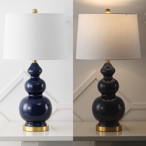 JONATHAN Y Bowen 27.5" Ceramic Triple Gourd Table Lamp, Navy/Brass Gold | Contemporary, White Linen Drum Shade, Modern Transitional Style, Metal Base, LED Bulb Included - color: Navy