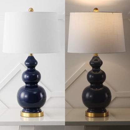 JONATHAN Y Bowen 27.5" Ceramic Triple Gourd Table Lamp, Navy/Brass Gold | Contemporary, White Linen Drum Shade, Modern Transitional Style, Metal Base, LED Bulb Included - color: Navy