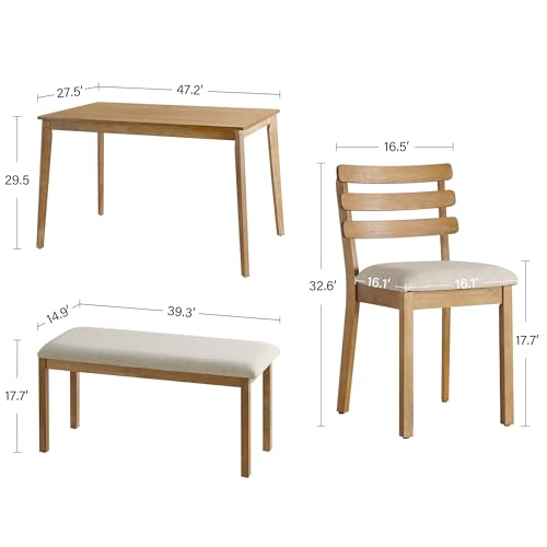 4-Piece Farmhouse Dining Set, Wooden Dining Table with 2 Chairs, Bench Seat | Upholstered Chairs and Bench, Mid-Century Modern Wooden Kitchen Table Set for Dining Room, Small Spaces, Rubberwood Legs - size: 1 Table With 2 Chairs+ 1 Bench
