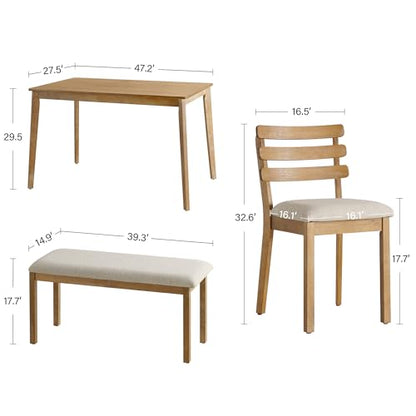 4-Piece Farmhouse Dining Set, Wooden Dining Table with 2 Chairs, Bench Seat | Upholstered Chairs and Bench, Mid-Century Modern Wooden Kitchen Table Set for Dining Room, Small Spaces, Rubberwood Legs - size: 1 Table With 2 Chairs+ 1 Bench