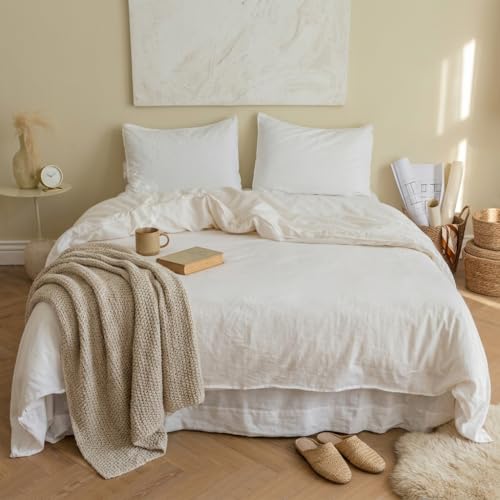 BISELINA French Linen Duvet Cover Set 3pcs with Hidden Zipper Closure Natural Flax Cotton Blend Solid Color Soft Breathable Luxury Farmhouse Bedding -Full Size, White - color: White, size: Full