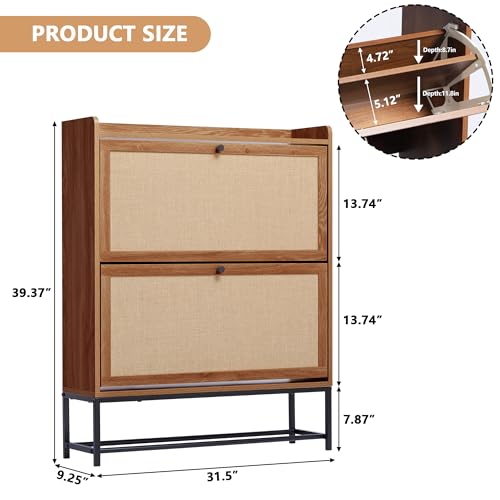 LEVNARY Shoe Cabinet Set of 2, Wooden Narrow Shoe Racks Cabinet Storage with 2 Flip Drawers, Hidden Freestanding Shoe Organizer for Hallway, Entryway, Home (2, Walnut) - color: Walnut, size: 2 Drawer-2 Packs