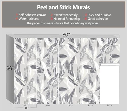 XMPMBM-Peel and Stick Grey Leaves Wallpaper Watercolor Leaf wall Mural | Tear-resistant,good adhesion,repositionable,and durable;does not peel off easily.size: S-80"X58" - color: X08, size: 80"x58"