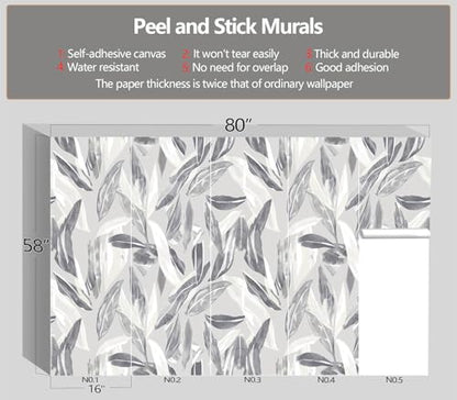 XMPMBM-Peel and Stick Grey Leaves Wallpaper Watercolor Leaf wall Mural | Tear-resistant,good adhesion,repositionable,and durable;does not peel off easily.size: S-80"X58" - color: X08, size: 80"x58"
