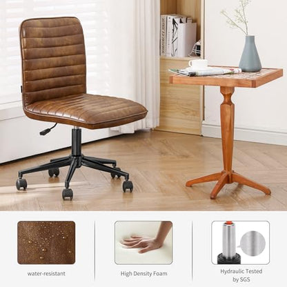 Furnimart Armless Swivel Rolling Desk Chair, Adjustable Faux Leather Vanity Chair with Gold Legs, Cute Task Chair with Wheels for Living Room Bedroom Studying Small Places (Leather-DustYellow) - color: Dust Brown-faux Leather