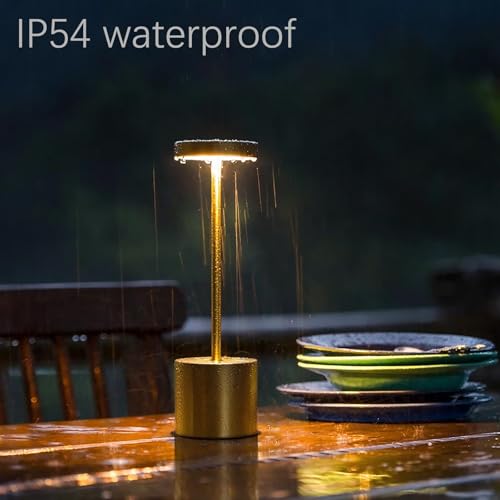 2-Pack Cordless Rechargeable LED Table Lamp (Gold) | 5000mAh Battery, 3-Color Stepless Dimming, IP54 Waterproof & Portable for Outdoor Patio, Restaurant, Bar, Home, Dining - color: Brushed Shiny Gold