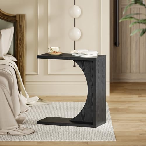 LITTLE TREE C-Shape End Table for Sofa & Bedroom - Small Side Table for Living Room, Over Couch Tray Stand for Laptop, Snacks, Books, Black, 1 Pack - color: Black