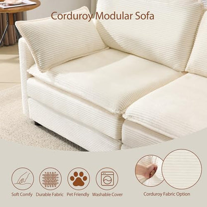 69.3" Plush Cloud Loveseat Sofa, Modular 2-Seater Sectional Couch, 22" Chenille Cushions & 2 Pillows, Corduroy Upholstered Sofa for Living Room Bedroom Apartment, Beige