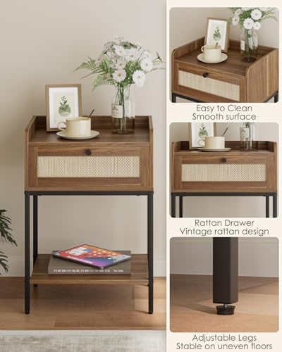 Masupu Rattan Nightstand,3-Tier Modern Bedside Night Stand with Storage Drawer and Shelf,Small End Side Table for Bedroom,Living Room,Walnut Brown (Without Outlet, Brown) - color: Walnut