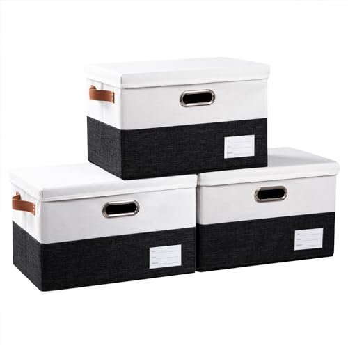 Foldable Storage Bins with Lids [3-Pack] Fabric Collapsible Storage Boxes Baskets Cubes Containers with Handles for Closet Living Room Bedroom (Black & White 14.9x9.8x9.8'') - color: Black & White, size: M(3-Pack)