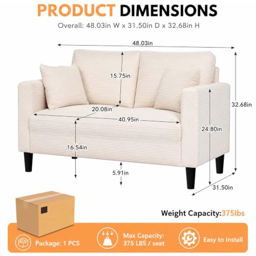 48 "Loveseat Couches,Small Love Seat Sofa with Pillows for Small Spaces,Comfy Corduroy Sofas w/ Wood Frame,Tool-Free Setup Compact Futon Couch for Apartment,Dorm,Office,Settee (Orange, 2-Seater) - color: Beige, size: 2-Seater