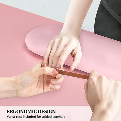 OmySalon Manicure Table Nail Desk with Cabinet, Drawers, Wheels & Wrist Rest, Spa Salon Beauty Home Wooden Technician Workstation for Nail Tech, Pink - color: Pink