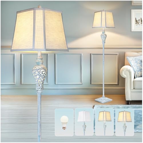 65" Tall Vintage Floor Lamp with Night Light, Farmhouse Carving Design | White Linen Shade, Washed Blue Finish, Rustic Tall Lamp Decor for Living Room Bedroom Study Home Corner, LED Bulb Included - color: Wash Blue